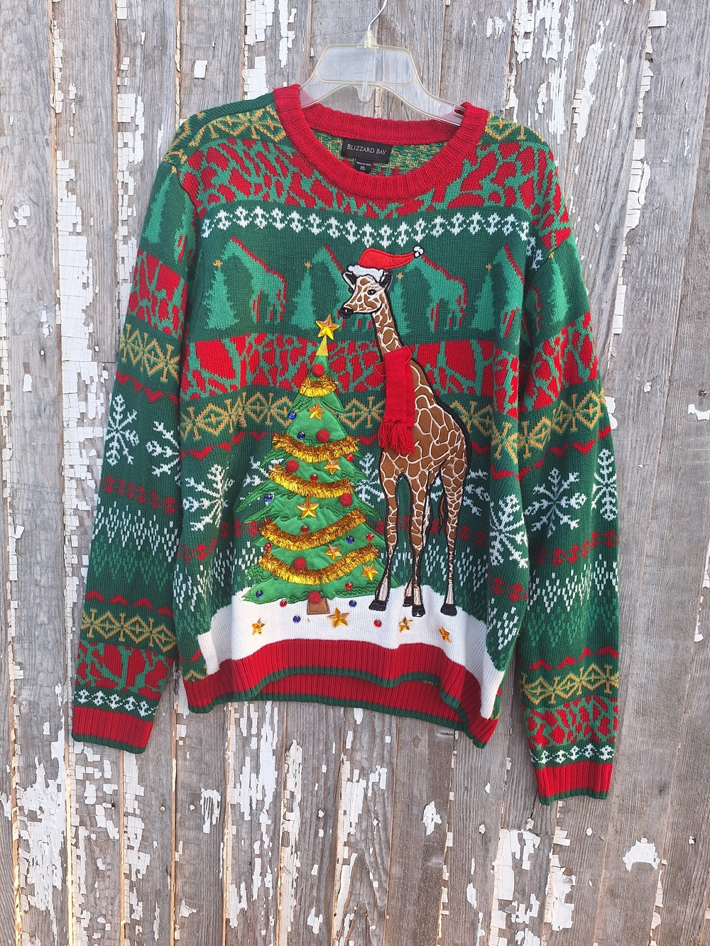 Blizzard Bay Men’s Green & Red Holiday Giraffe Crewneck Sweater Size XL